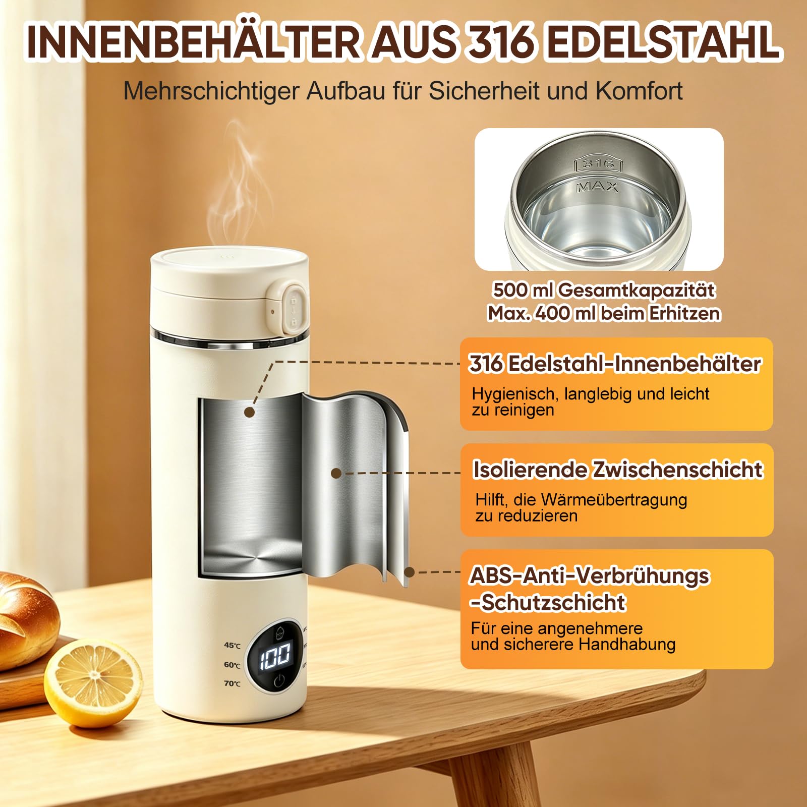 Minihervidor de agua portátil de acero inoxidable 316, 500 ml, color crema