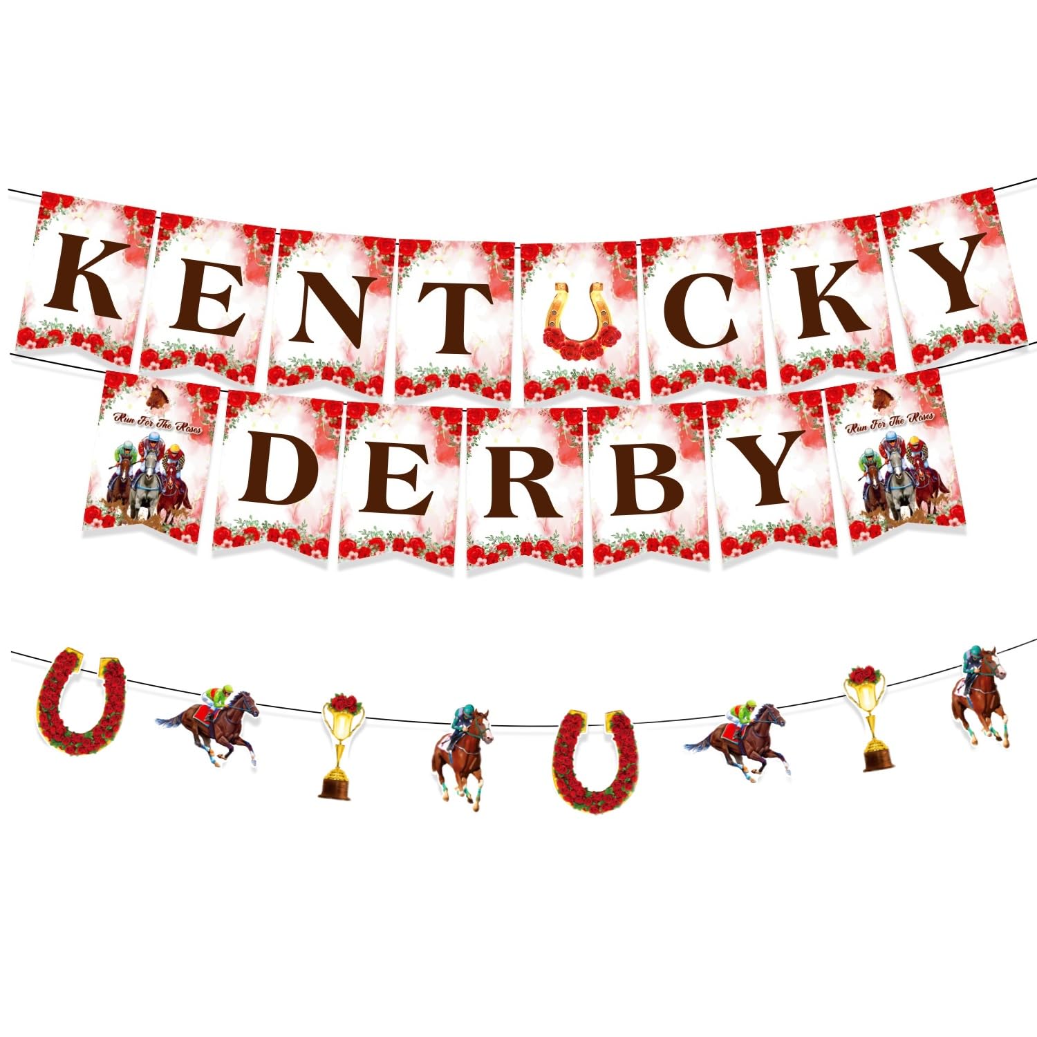 LOONELO Kentucky Derby Banner – Run for The Roses Bunting Party Cardstock Garland with Roses & Horse Shoe Signs – Derby Day Horse Racing Wall