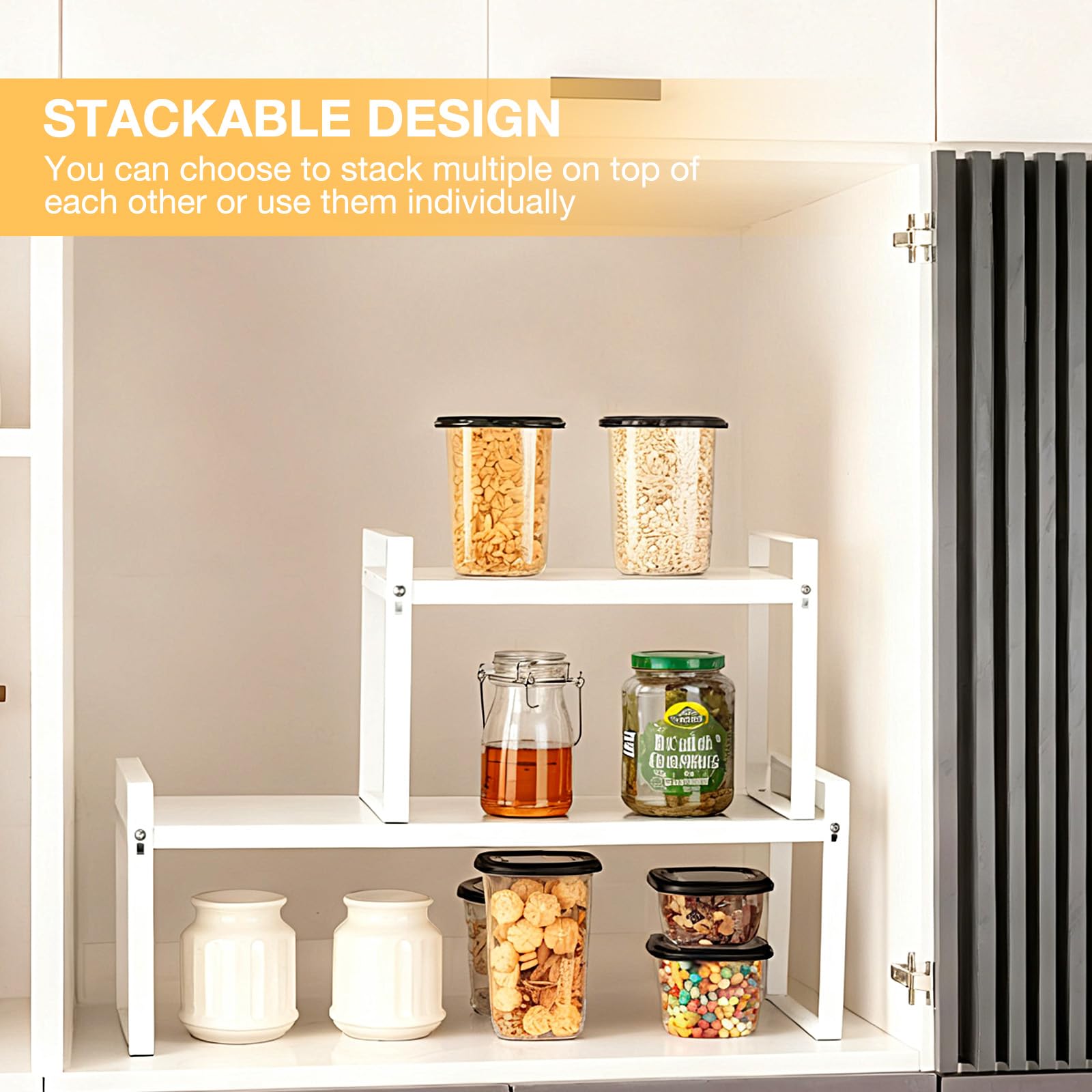 Cozary Estantería de Cocina Extensible (37-63cm), Metal Estanteria Cocina, para Utensilios, Aperitivos o Libros, más Espacio de Almacenamiento, para Armarios de Cocina y Encimeras, Despensa, Blanco