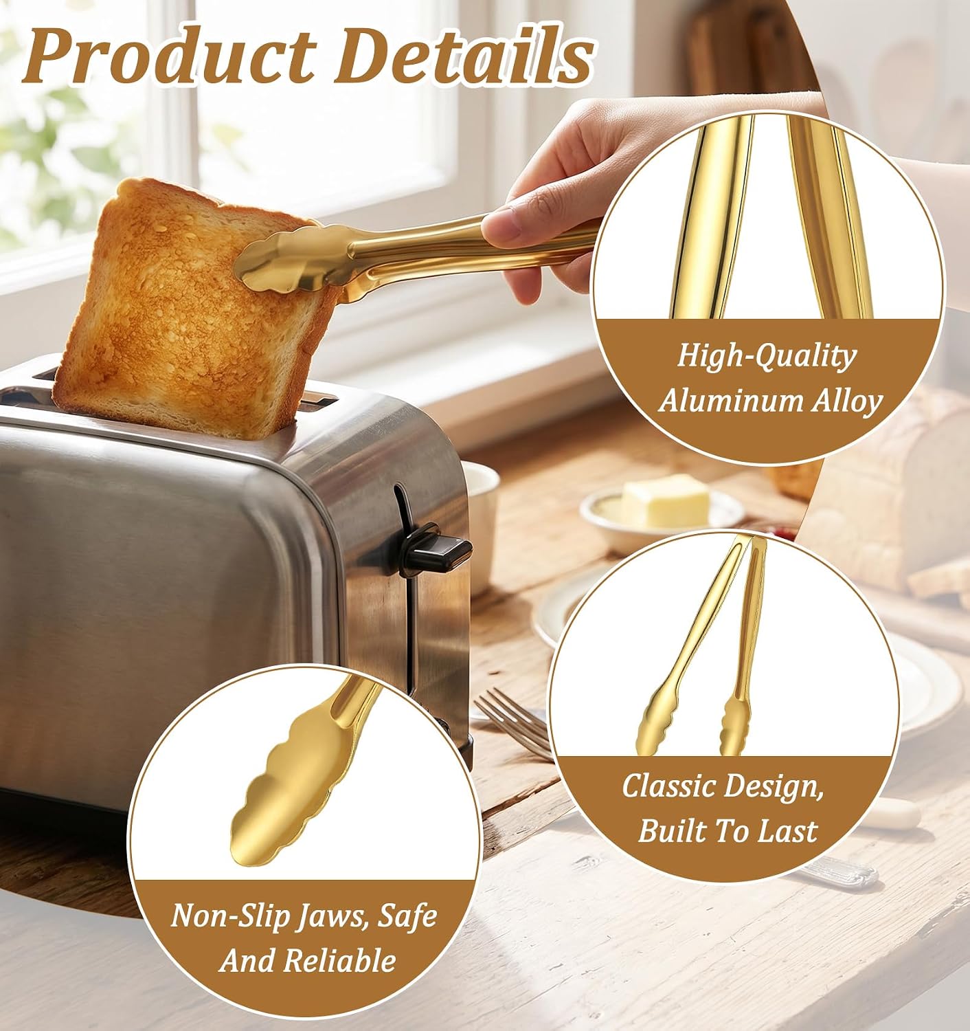 4 Pcs Mini Tongs, Stainless Steel Gold Mini Tongs for Serving Food