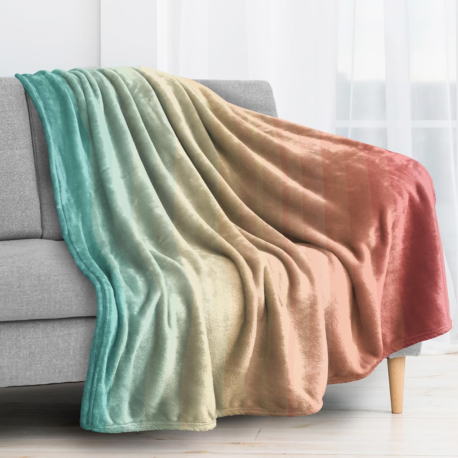 Rainbow Ombre Striped Blanket King Size, Gradient Fleece Throw Blanket for Couch Bed Sofa, Multicolor Patterned Blankets and Throws, Super Soft Cozy Plush Flannel Blanket, 108x90, Decor & Gift