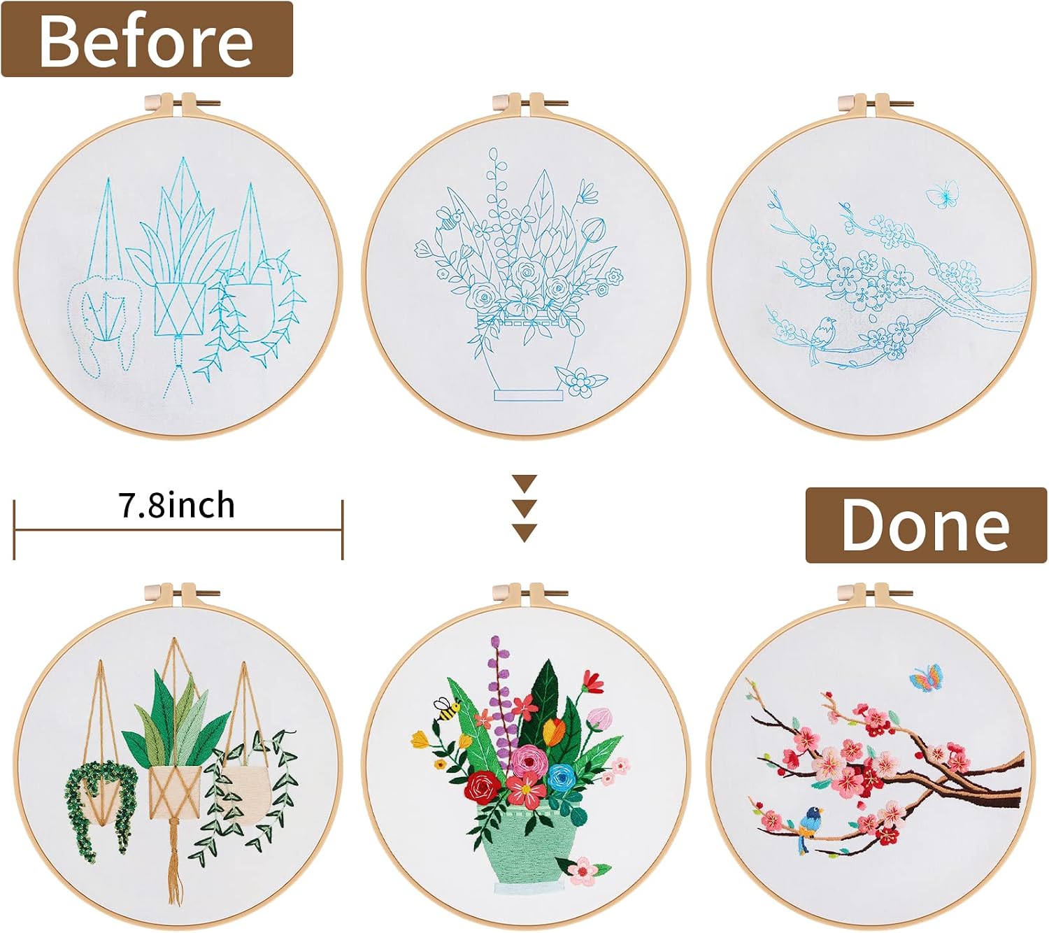 Nuberlic 3 Sets Stamped Embroidery Starter Kit with Instruction for Adults Beginners, Cross Stitch Kits Include Embroidery Needlepoint Cloth Hoops Needles and Threads