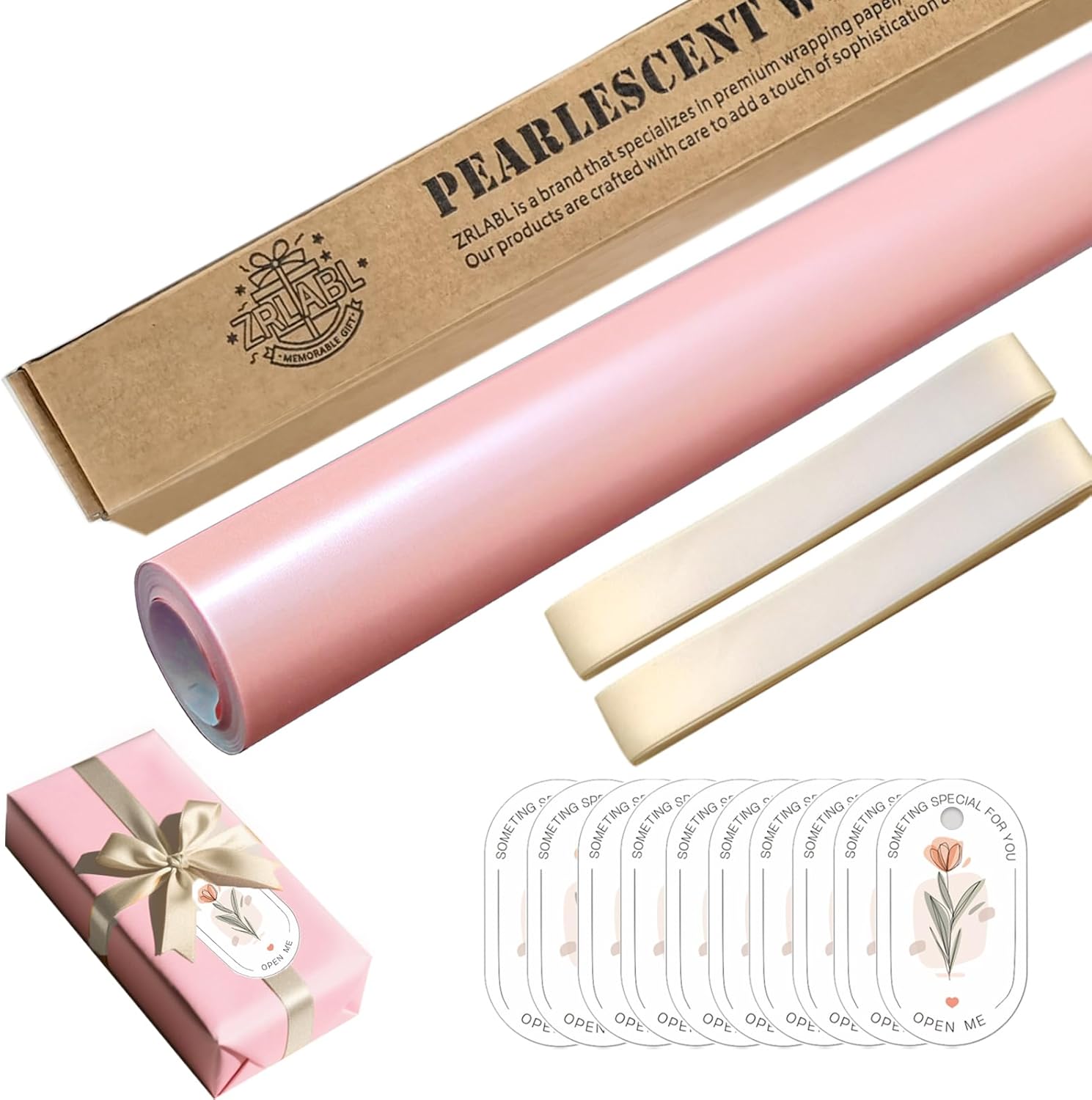 ZRLABL 30x394 inches Pink Pearlized Gift Wrapping Paper Set, 2 Rolls 15.4Ft Ribbons and 10 PCs Gift Tags
