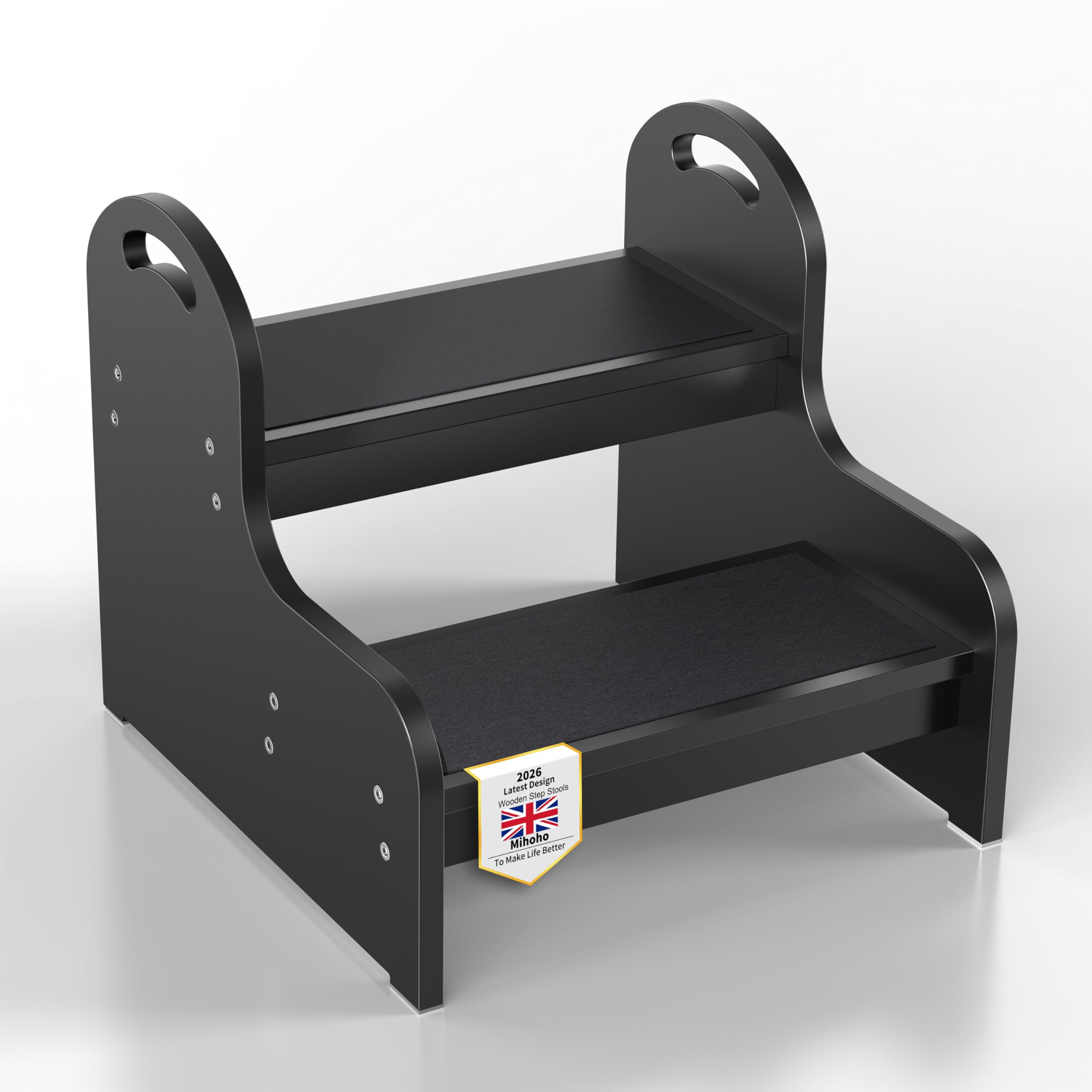 2 Step Wooden Step Stools for Adults Kids, Non-Slip Heavy Duty 2-Step Ladder, Toddler Stepping Stool for Bathroom Sink/Toilet/Kitchen/Bed (black A)
