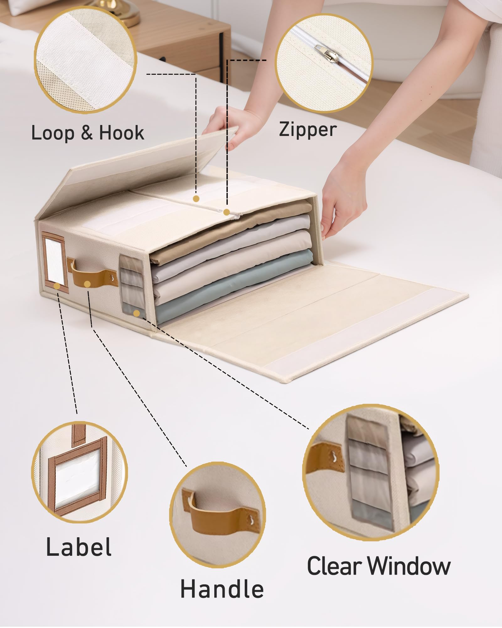 linge boite rangement drap de lit, 6 organisateur drap pliable vec fenêtre transparente & étiquette pour draps couvertures, housses, serviettes, Lin Beige