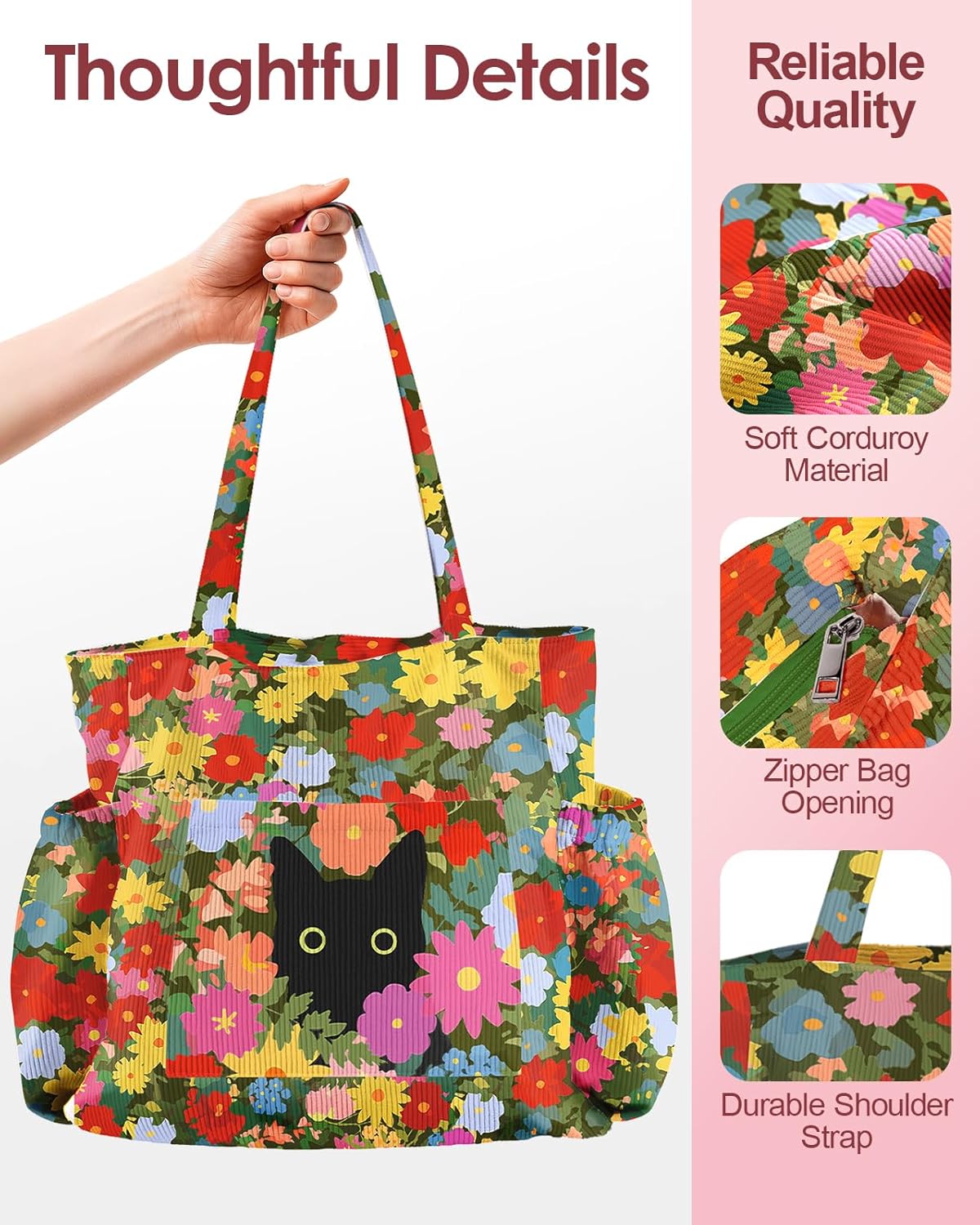 Miss Adola Cute Corduroy Tote Bag for Women - Large Capacity Multi-Pocket Shoulder Bag with Zipper