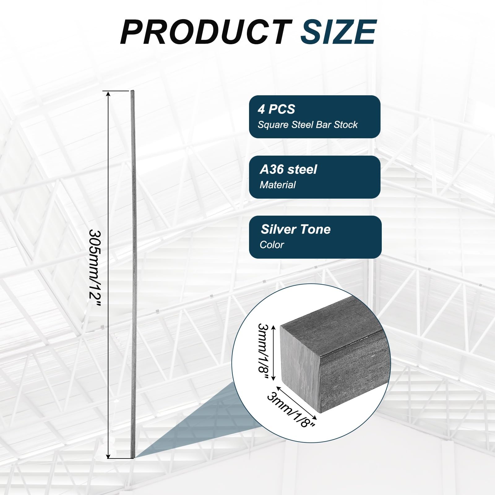 sourcing map Lot de 4 barres carrées en acier A36 de 3 mm x 3 mm x 305 mm - Pour clés de précision - Support structurel - Machines industrielles - Bricolage