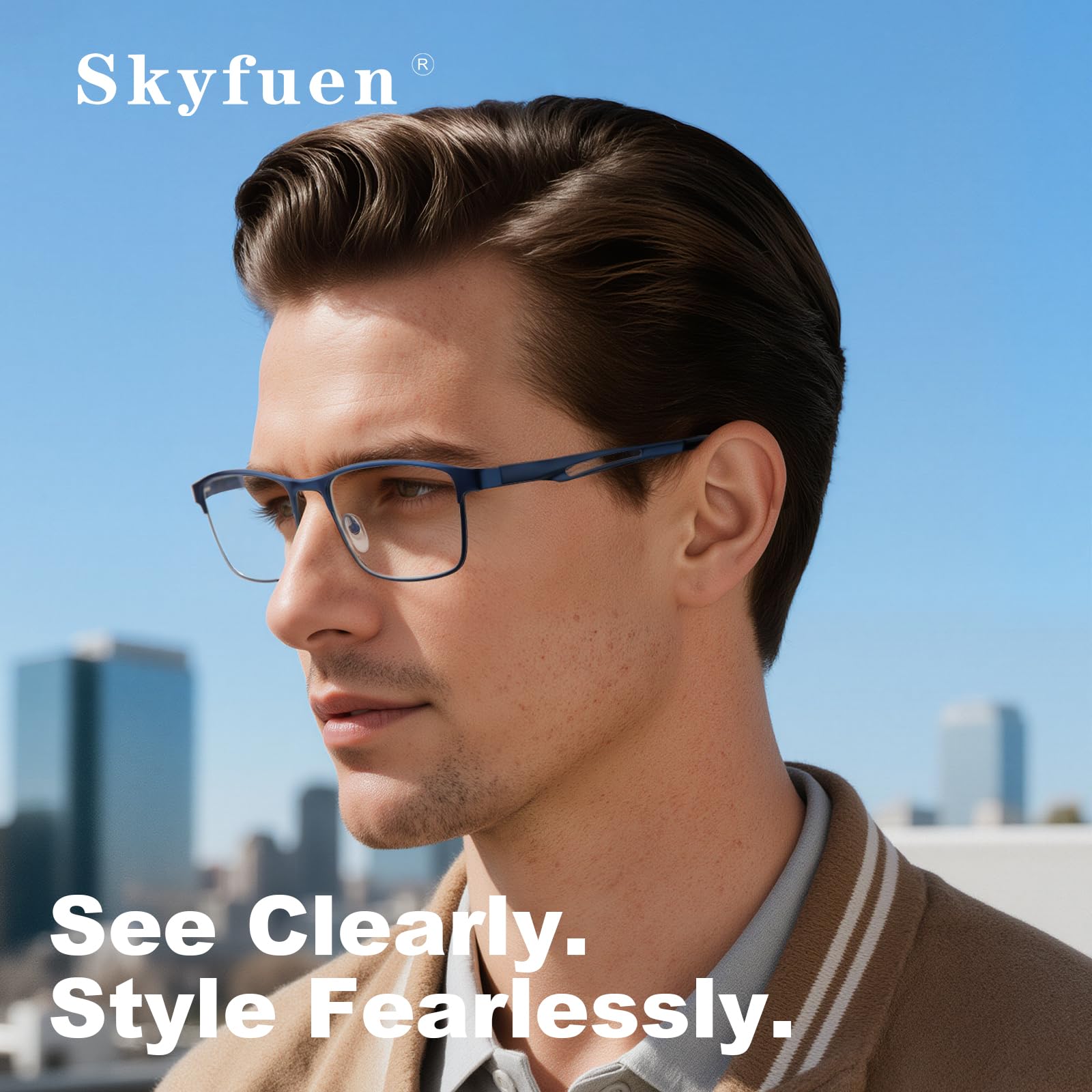 SKYFUEN Progressive Lesebrille für Herren, Multi-Fokus-Metallrahmen, Blaulichtblockierung, Computerleser mit Federscharnieren