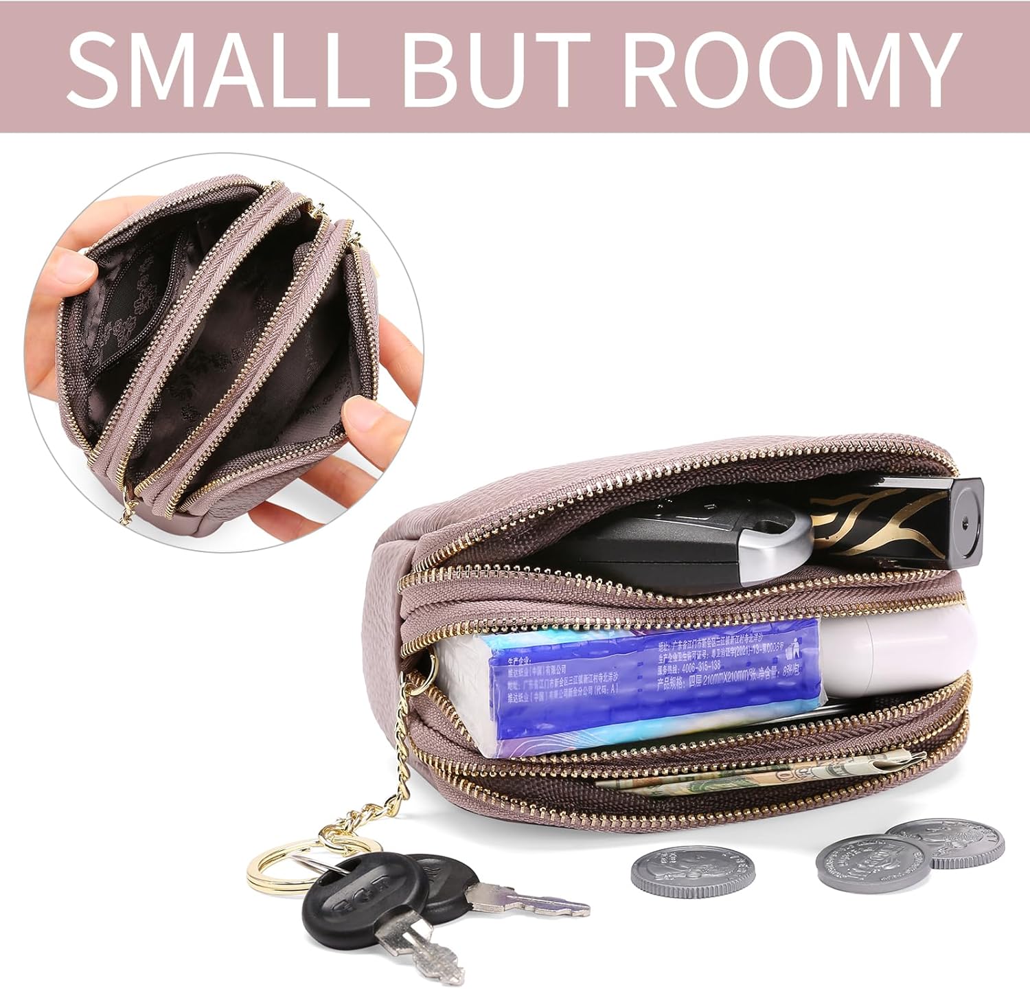 SENDEFN Small Coin Purse Leather 3 Zippered Change Pouch Wallet with Key Ring for Women - Image 2