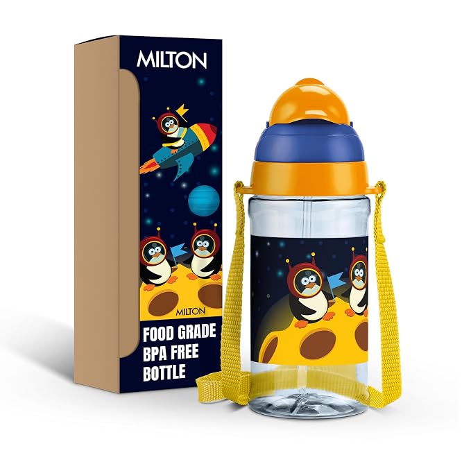 MILTON Smilo 450 Sipper PET Water Bottle for School Kids | Food Grade & BPA Free | Leak Proof & Durable | Easy to Carry Loop | Ideal for Home, School & Office Use, 438 ml, Blue
