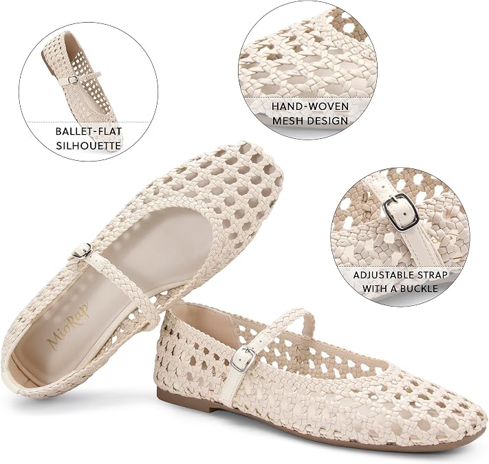 Woven Ballet Flats Shoes for Women Square Toe Mesh Mary Jane Flat with Adjustable Strap, Dressy, Comfortable and Cute Ballerina
