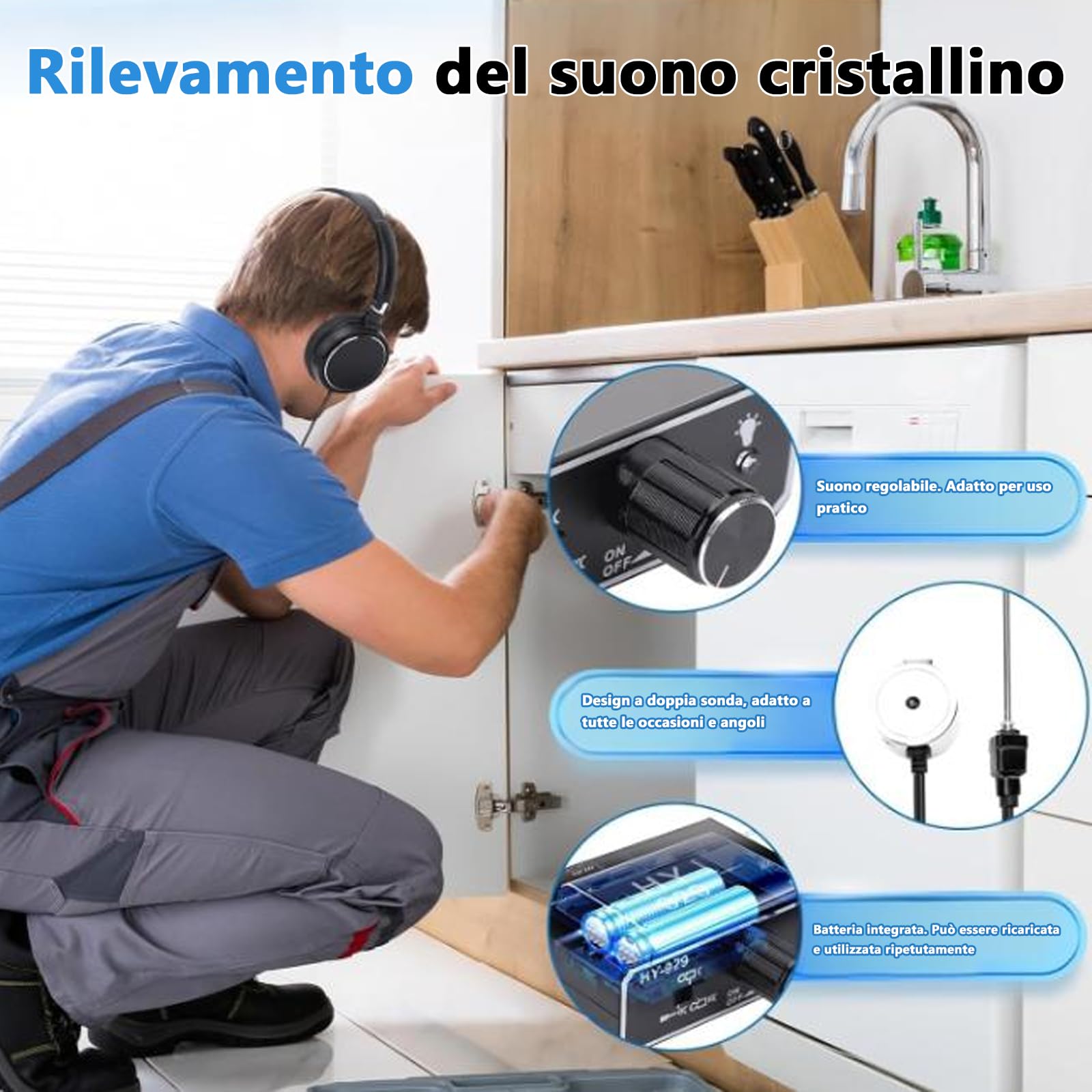 Rilevatore Perdite Acqua Tubi, 2000x Dispositivo Di Ascolto Perdite D'Acqua Amplificatore Del Suono Di Perdites D'Acqua, Rilevatore Di Perdite D'Acqua Per La Rilevazione Di Perdite In Tubi