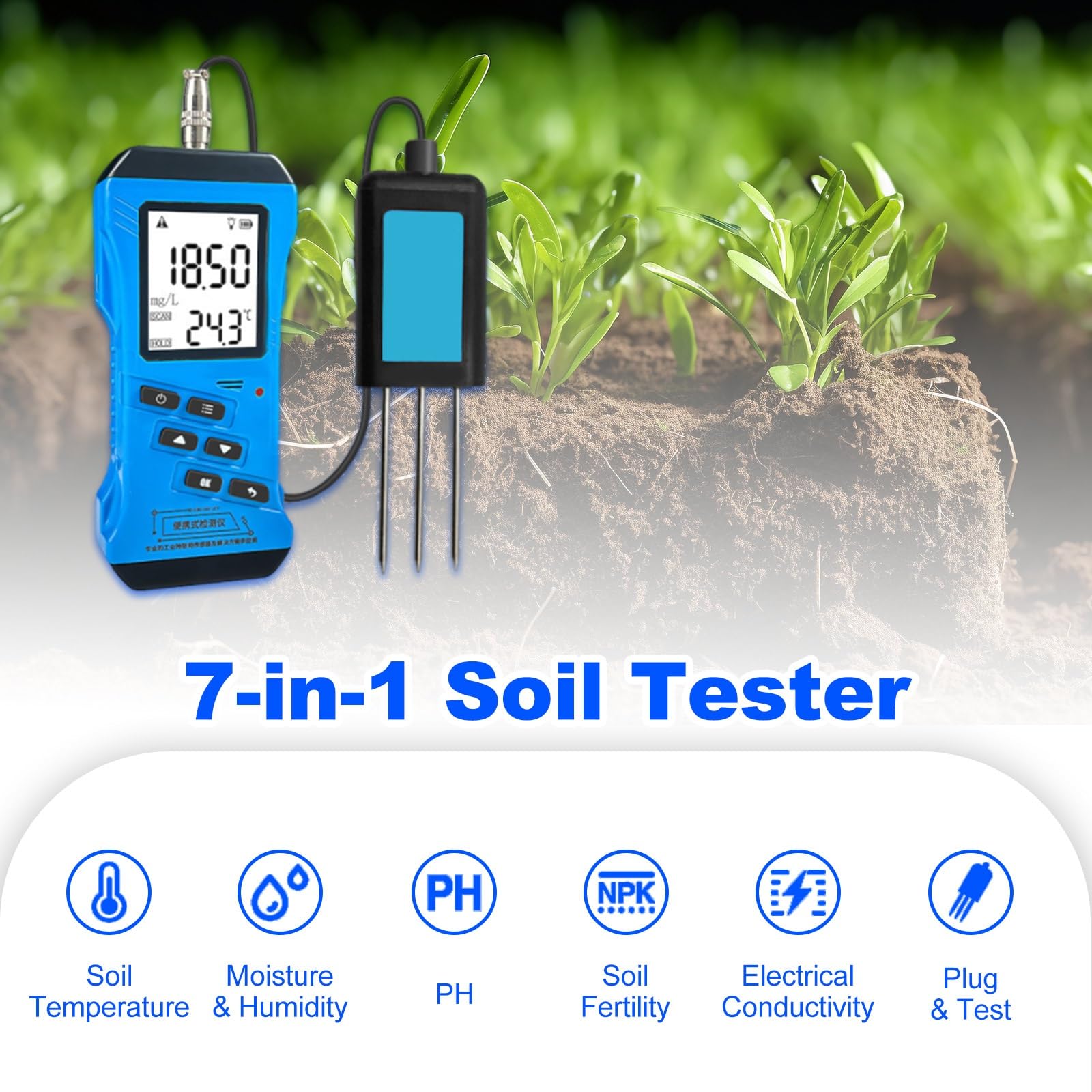 Tester gleby – cyfrowy miernik NPK 7 w 1 do pomiaru pH, wilgotności, temperatury, przewodności, dokładny i przenośny, do ogrodnictwa, hodowli, pielęgnacji roślin