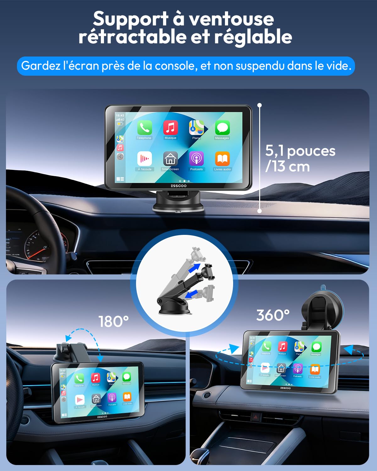 ESSGOO 7 Pouces Écran Voiture sans Fil avec Caméra de Recul,Compatible avec A-pple CarPlay & Android Auto,Supporte GPS,Siri & G-oogle Assistant,WiFi 5.8G/Bluetooth V5.3,FM,Adapté à Plusieurs Véhicules