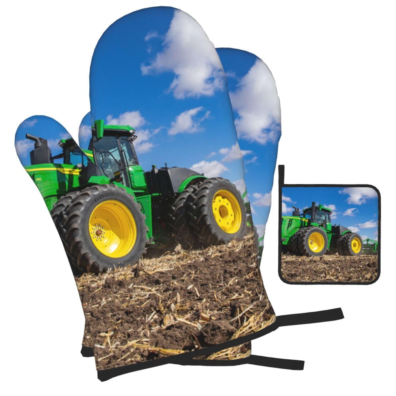Tractor farm Printed Oven Mitts and Pot Holders Heat Resistant Set of 3 Pcs, Modern Kitchen Gloves & Potholders for Cooking Baking Grilling