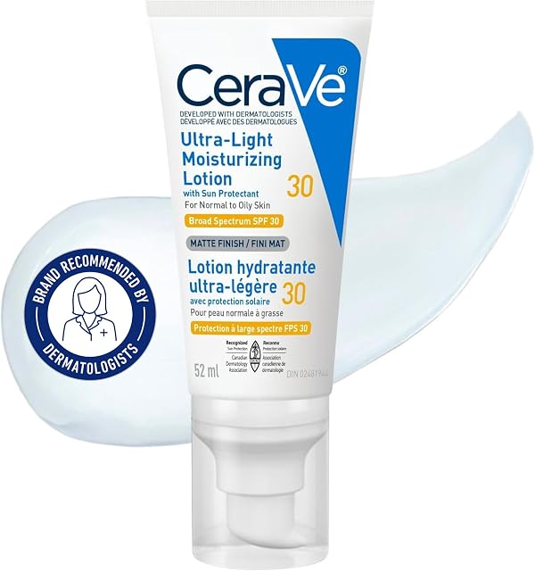 CeraVe Ultra-light Face Moisturizer with SPF 30. Hyaluronic Acid face sunscreen lotion for Men & Women, Normal to Oily & sensitive skin. Fragrance-Free, Oil-Free, Non-Comedogenic, Travel Size 52 ML