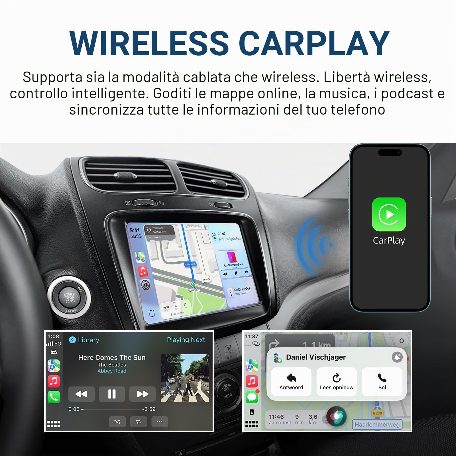 Wireless CarPlay e Android Auto Kit di Retrofit Decoder per Fiat Freemont | Adattatore di Plug & Play per Chrysler 300C / Dodge / Maserati con SWC, Wi-Fi, Bluetooth, Controllo Vocale e Navigazione GPS