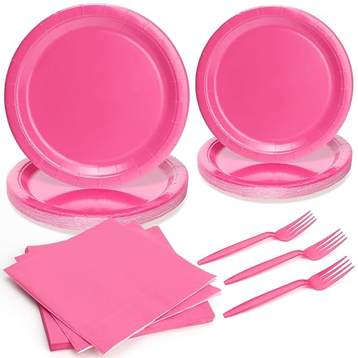 96pcs Disposable Solid Tableware Set Paper Plates Round for 24 Guests Party Table Supplies Birthday Picnic Wedding (Include Plates, Forks and Napkins) - Rose