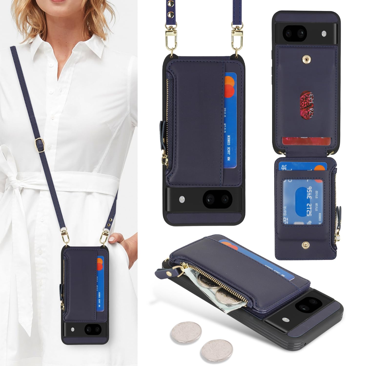 Cavor Compatible with Google Pixel 8a Case Wallet, Pixel 8a Crossbody Phone Case with Strap, Wallet Cover for Women,Leather Zipper Pocket Card