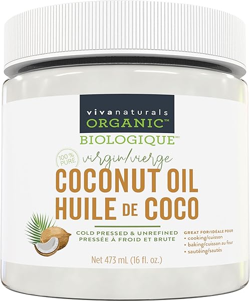 Viva Naturals Organic Virgin Coconut Oil,16 fl oz (473 mL) – Coconut Oil for Hair, Skin, Cooking & Baking – Cold-Pressed, Unrefined & Non-GMO – Keto & Paleo Certified – BPA-Free Jar - 1
