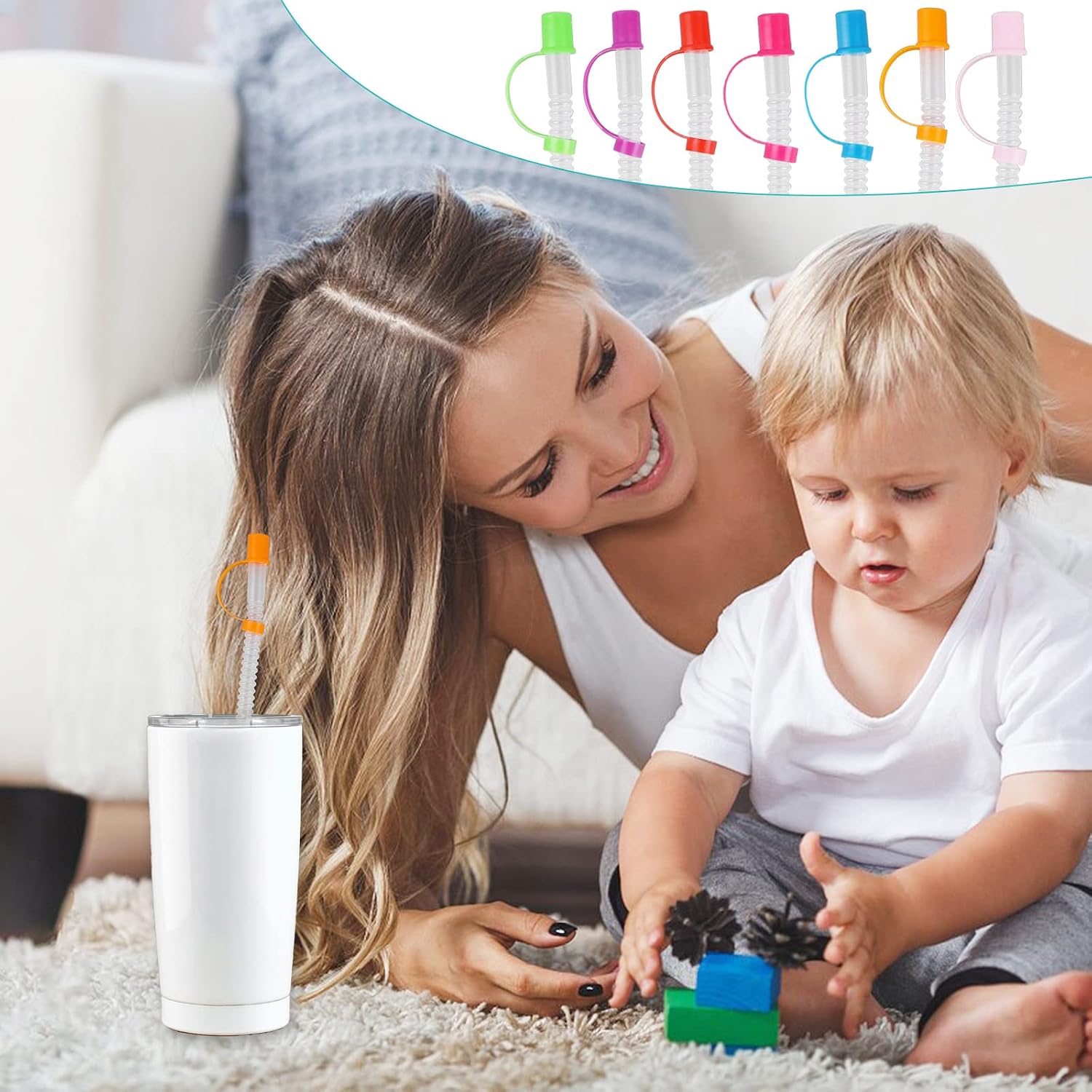 Multifunctional 24 Pack Bendable Straws and Covers. 11 Inch Long Flexible Straws. Reusable with Colored Caps and 2 Straw Cleaning Brushes
