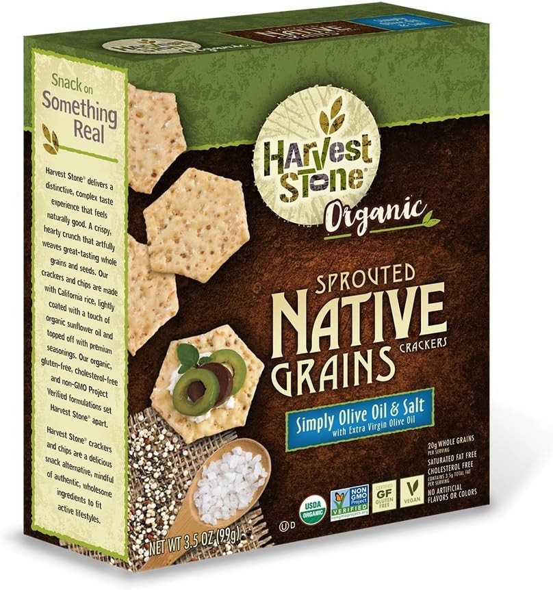 Harvest Stone Sprouted Native Grains Crackers, Simply Olive Oil and Sea Salt, 3.5 oz (Pack of 1), Non-GMO Project Verified, Certified Gluten and Cholesterol FreeUSDA Organic and Vegan, by TH Foods