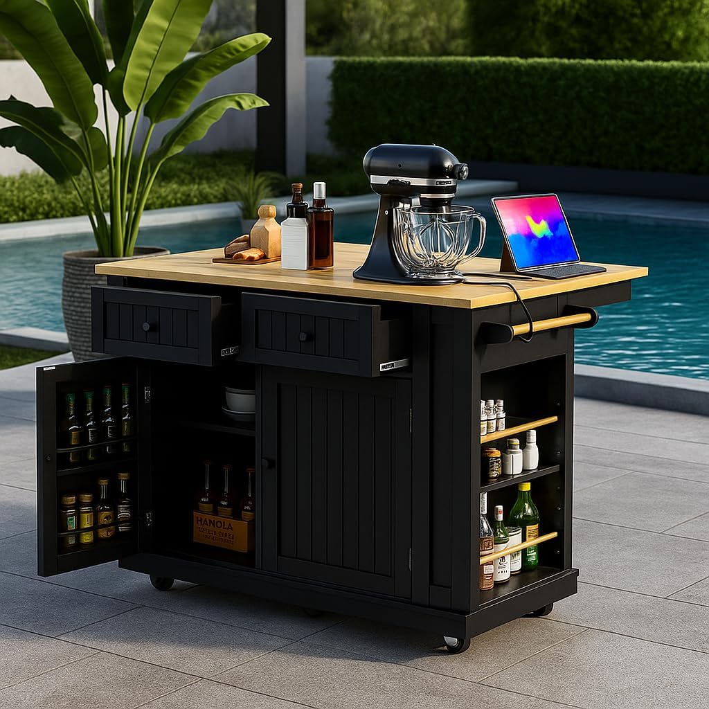 K&K 48 inch Large Kitchen Island with Drop Leaf,Power Outlet,Internal Storage Rack,Rolling Kitchen Storage Cart on 5 Wheels with 5 Open Side Racks,for Kitchen,Dining Room,Black(Not Include Stools)