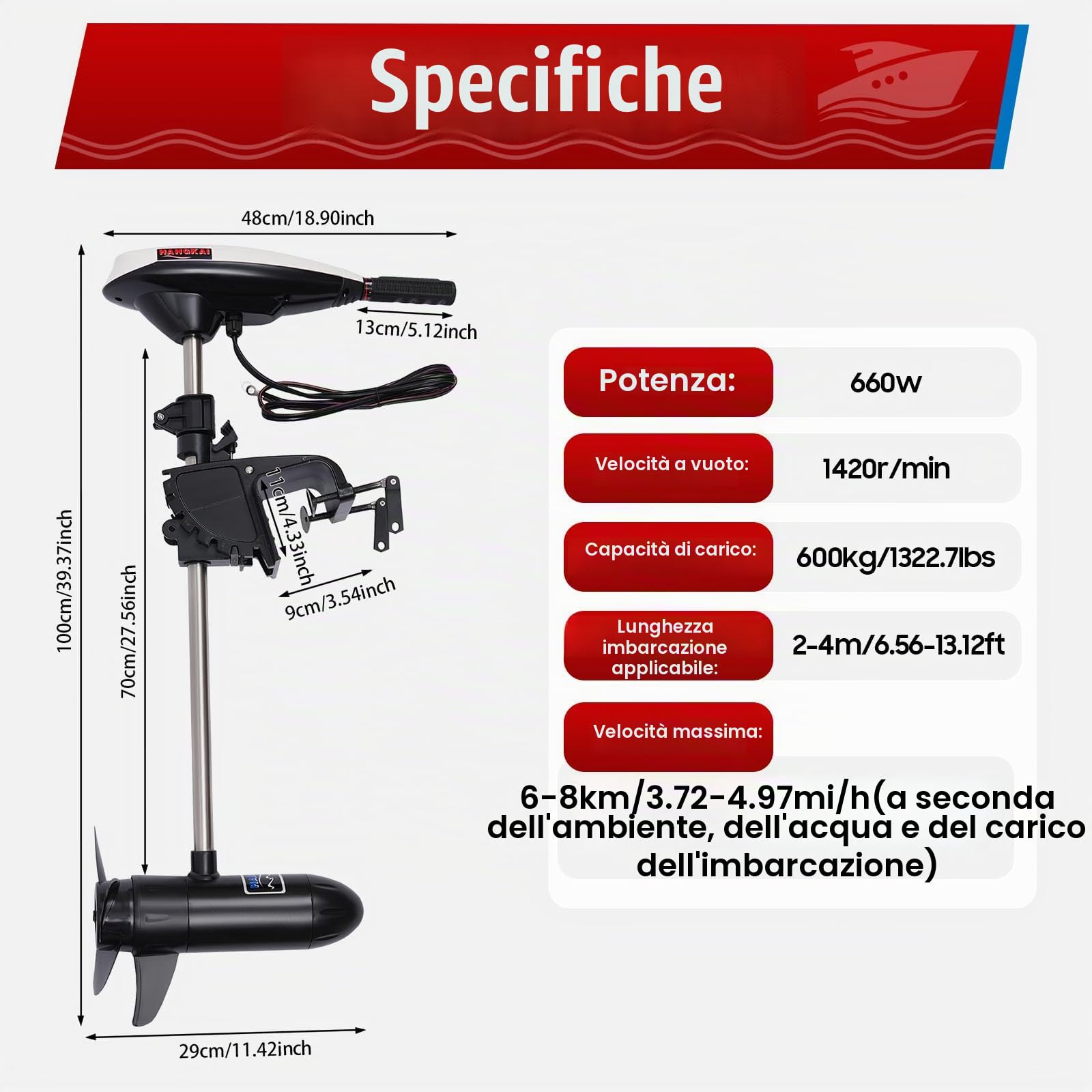 Motore elettrico esterno 45LBS 12V, motore per barche elettrico con 5 marce avanti e 2 retromarce, regolabile in altezza, motore in rame puro per kayak, canoe, gommoni