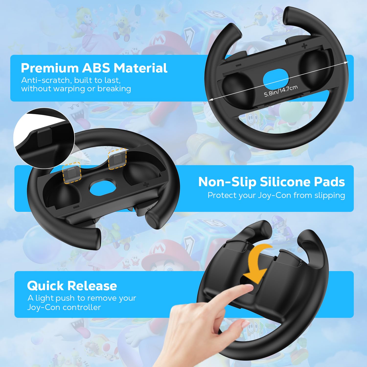 MoKo Steering Wheel for Nintendo Switch 2 Joy-Cons, Racing Game Accessories for Switch 2 Joy-Con Controller, Compatible with Mario Kart 8 Deluxe, Coal Black, 2 Pack - Image 5