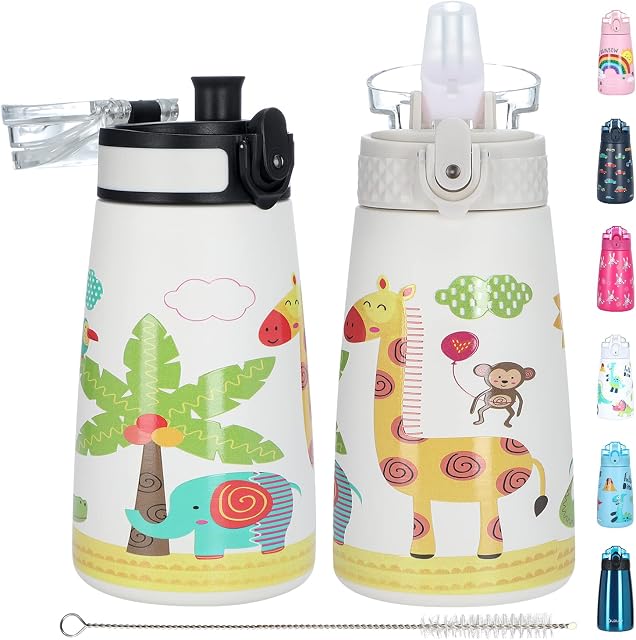 OLDLEY 350ml Kids Stainless Steel Water Bottle with Straw for School with 2 Different Lid, Metal Vacuum Insulated Water Bottles Small Flask for Boys Girls Toddler Children Hot Cold Drinks BPA Free