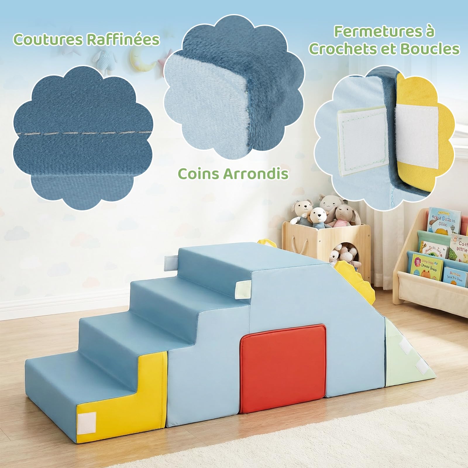 COSTWAY 3 en 1 Parcours Motricité Bébé en Mousse avec Toboggan et Échelle, Module Motricité Bébé avec Housse en Velours Lavable, Jouets Éducatifs Montessori pour Ramper Grimper pour 12 Mois+