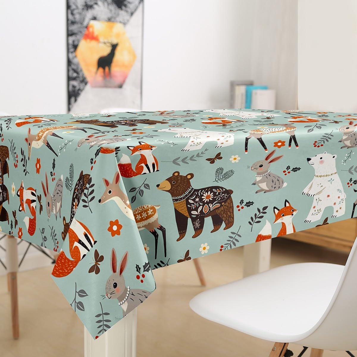 Homewish Cartoon Bear Tablecloths,Fox Deer Rabbit Table Cloth,Bohemian Flower Leaves Print Table Accessories,Wild Animals Plants Table Cover for Kids Boys Girls Teens Living Room,Green image 3