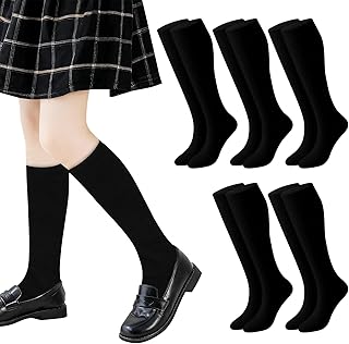 5 pares de calcetines largos de algodón para niñas, color negro y blanco, calcetines escolares para niñas, medias de regreso a clases, uniformes, uso diario (edades 8-12)