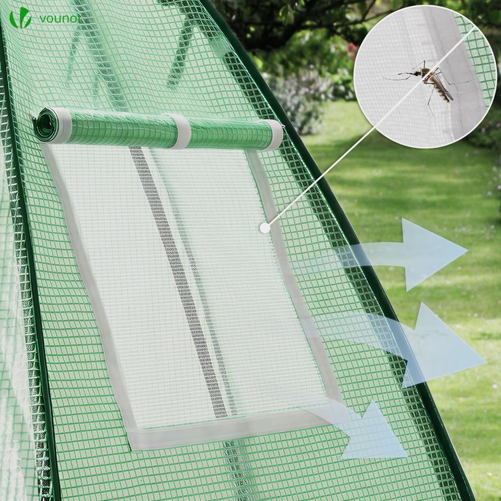Close-up of the greenhouse's zippered door and integrated mosquito net for ventilation.