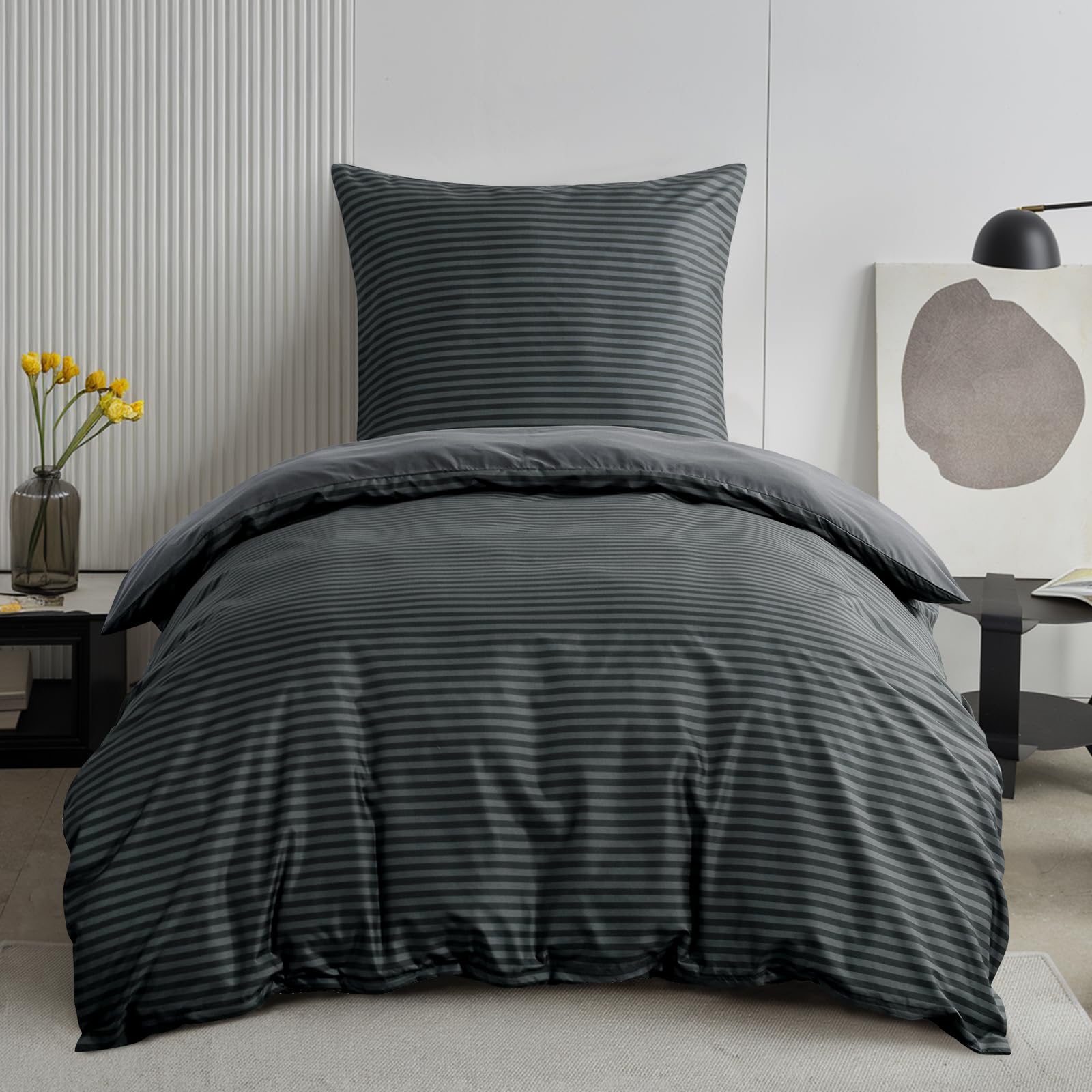 Aisbo Bettwäsche 155x220 Bettdeckenbezug - Bettwäsche Set 155 x 220 Gestreift Anthrazit Muster mit Kissenbezug 80x80 cm, Mikrofaser Bettbezug mit Reißverschluss, Bügelfrei und Weich