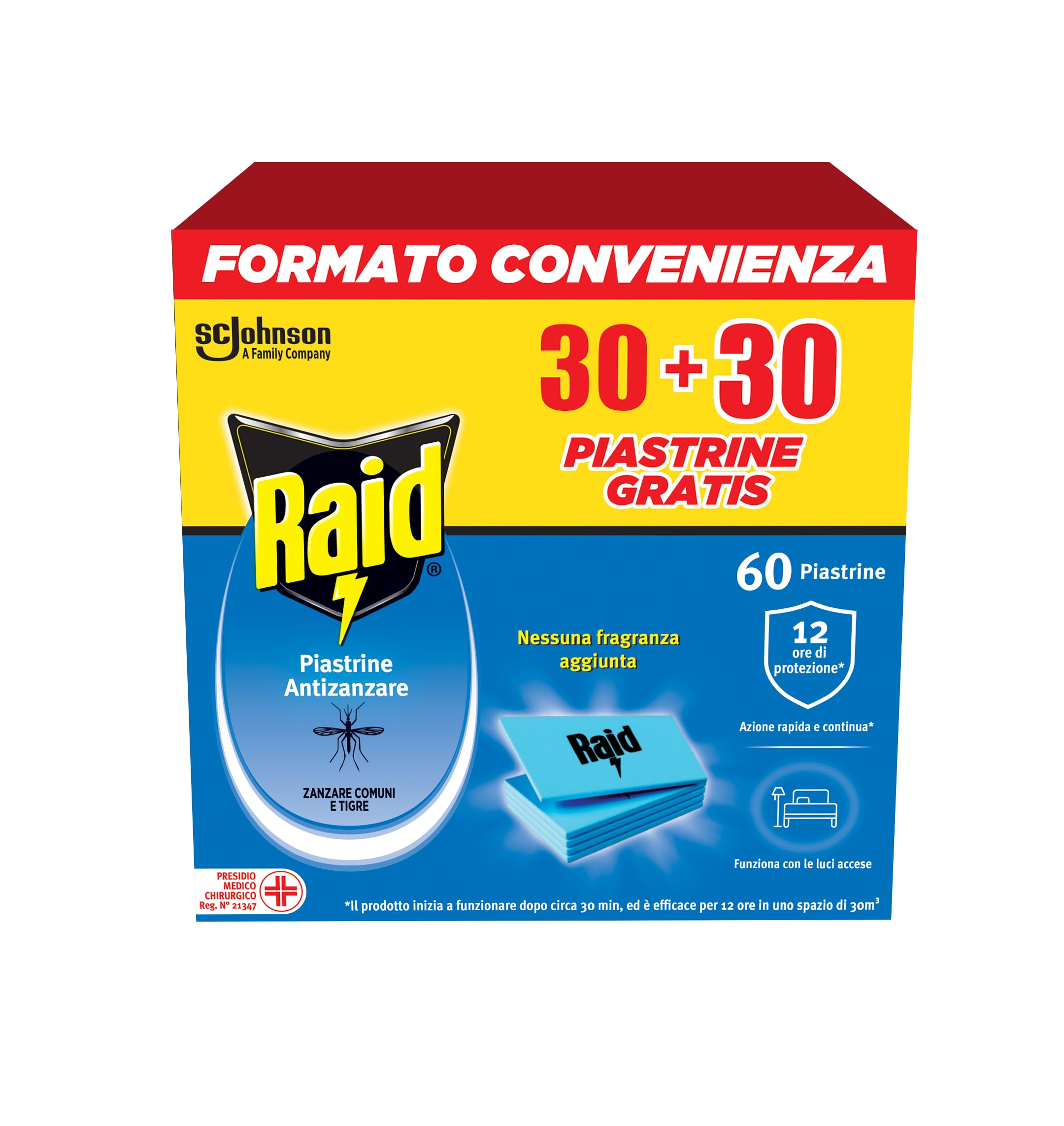 Raid Piastrine Antizanzare, 60 Piastrine Inodore per Zanzare Comuni e Tigre, Fino a 12 Ore di Protezione, Compatibili con Diffusori Raid