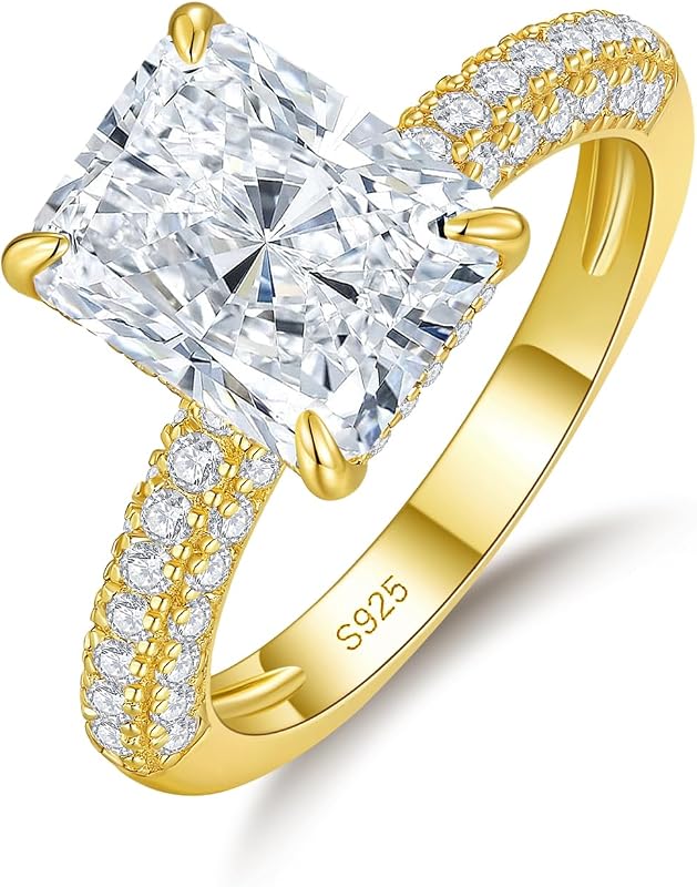 AVECON 4CT Radiant Cut Moissanite Engagement Ring for Women | D Color VVS1, Lab Created Moissanite, Sterling Silver, White/14K Gold Plated, Proposal Anniversary Valentine's Gift