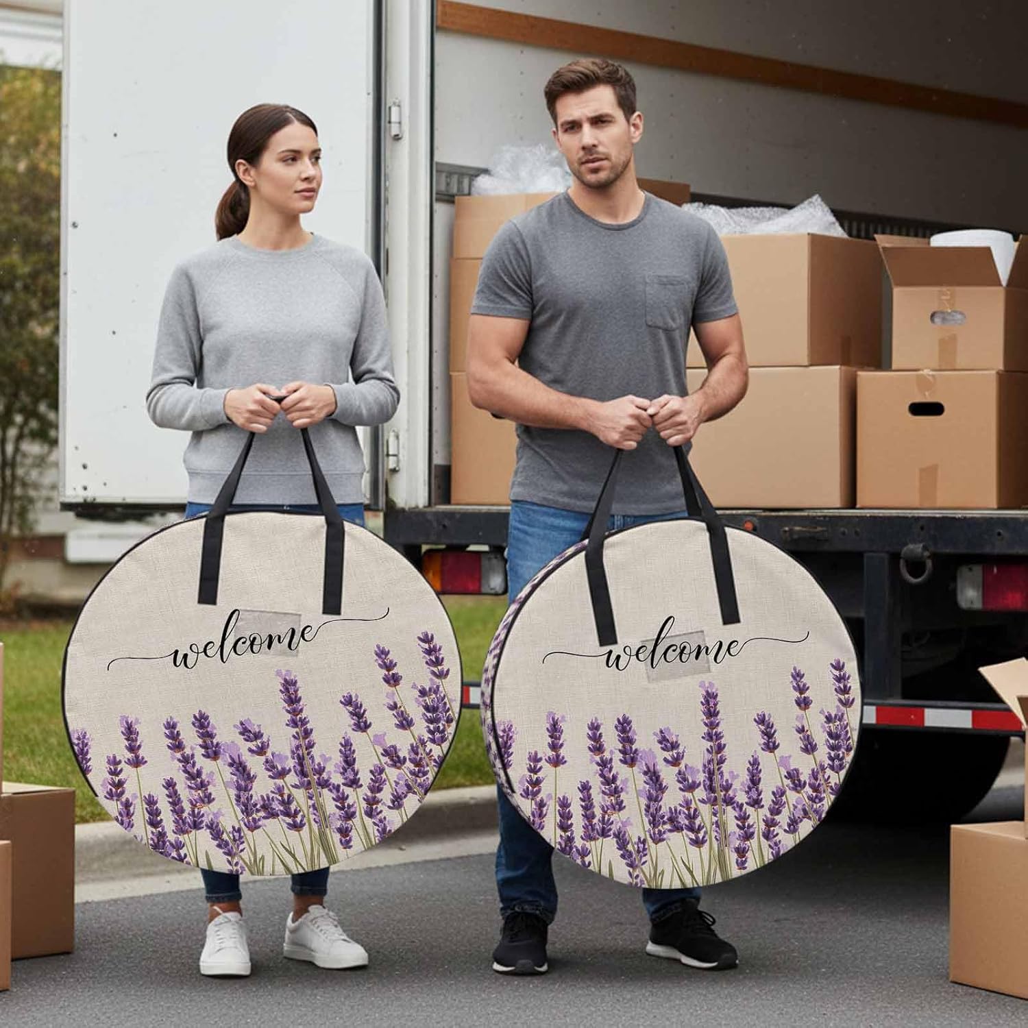 Purple Lavender Round Storage Bag 36 Inch, Spring Pastoral Linen Texture Clothes Storage Container with Handles Heavy Duty Organizer for Comforter, Bedding & Holiday Wreaths