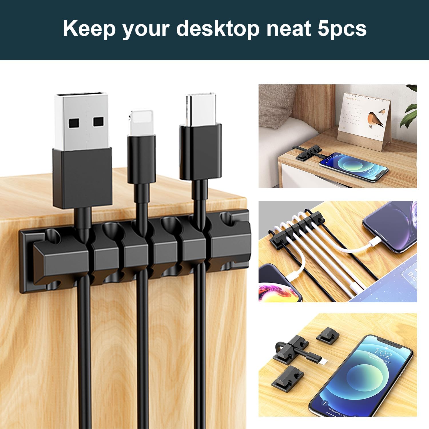 INCHOR Cable Management Kit 210 Pcs, 5 Cord Organizer for Desk, 28 Cable Clips, 100 Fastening Cable Ties, 4 Cable Sleeve Split, 10 Wire Organizers for Cords, 20 Zip Tie Mounts for Car Office Home