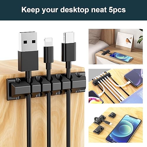 Miniatura 3 de Kit de organización de cables de 210 piezas, 5 organizadores de cables para escritorio, 28 clips para cables, 100 bridas de sujeción, 4 fundas