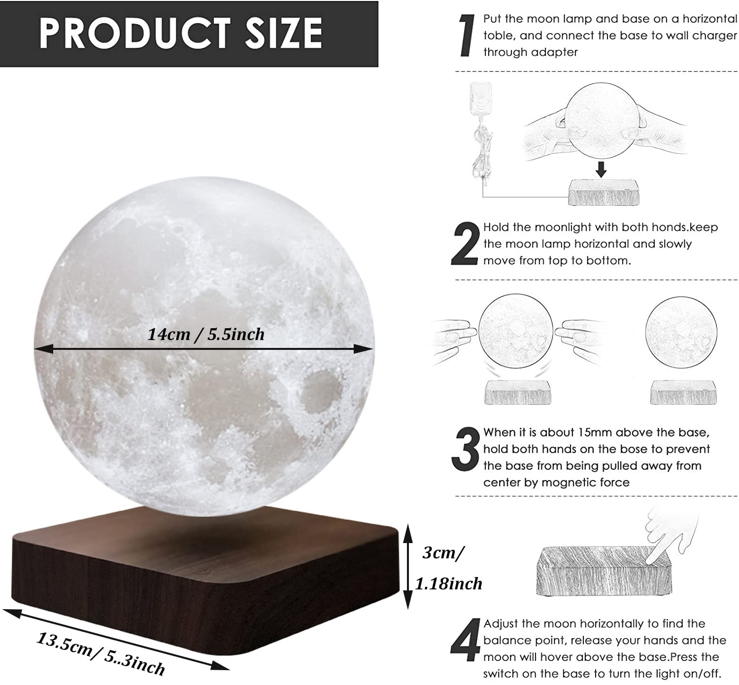 Lámpara de luna flotante magnética Lámpara de mesa LED Regulable al tacto, Madera Lámpara de Cabecera luz nocturna para dormitorio Habitación infantil Decoración de oficina, Regalos creativos,Marrón