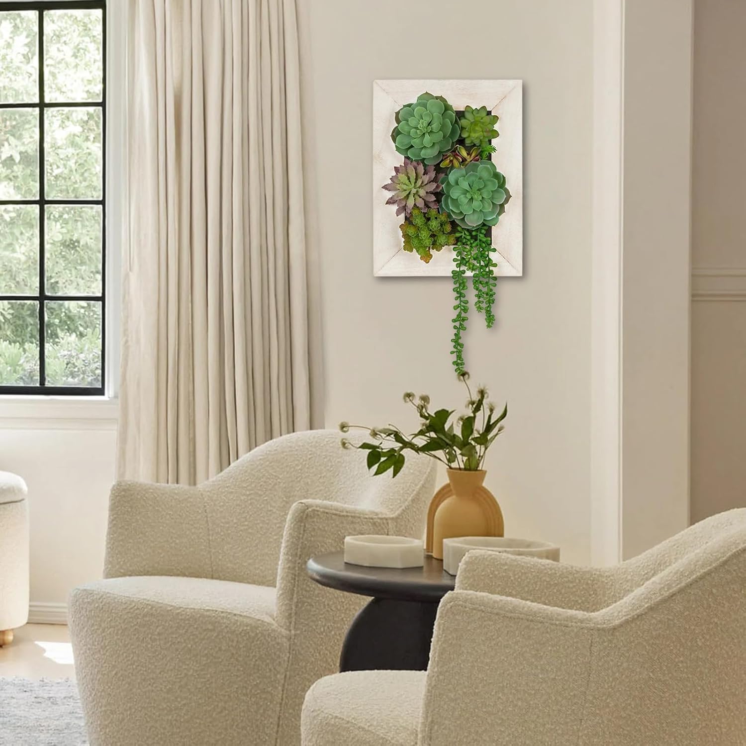 Wall Artificial Succulent Hanging Decor Plants Fake Succulents String of Pearls Arrangement with Wooden White Frames Faux Plants Hanging Boho Decor for Livingroom Bedroom Home Decor 10.2"x 2.3"x 13.7"