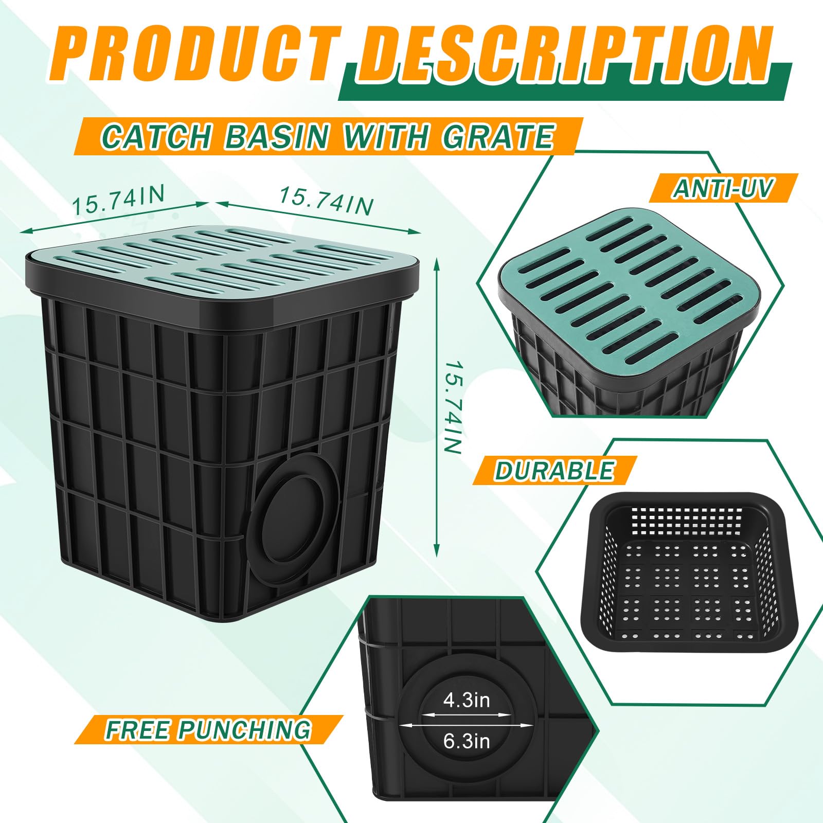 Cuenca de captura con rejilla de 15 x 15 pulgadas, cuadrada, grande, para drenaje con cesta de escombros, lavabo de drenaje francés sin agujero reservado para patio, bajante, césped, tubería