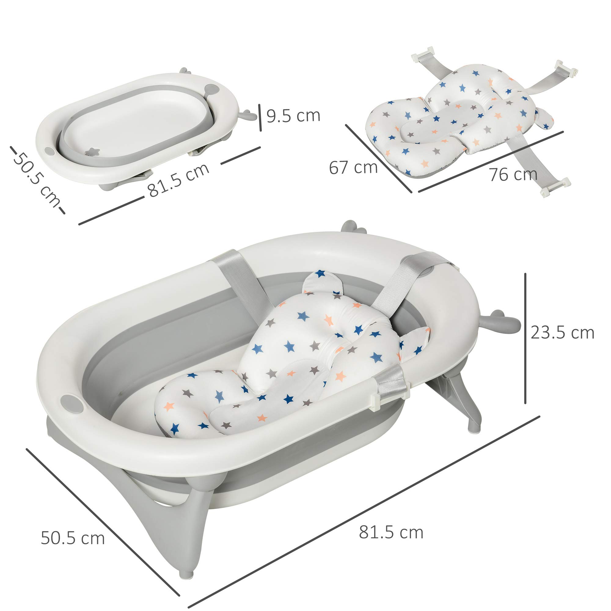HOMCOM Vaschetta Bagnetto Pieghevole per Bambini 0-3 Anni con Indicatore di Temperatura e Cuscino, 81.5x50.5x23.5cm, Bianco