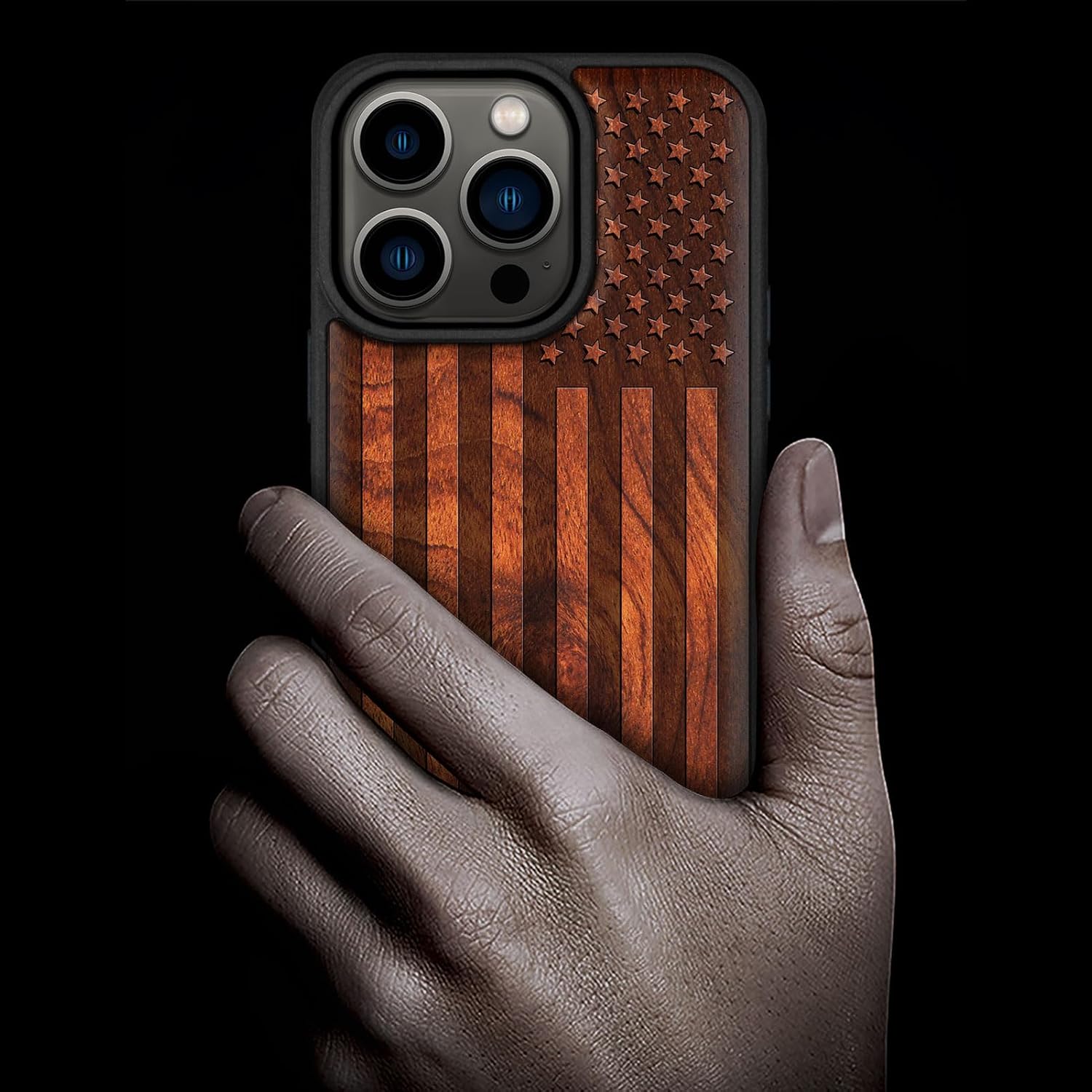 Carveit Magnetic Wooden Case for iPhone 15 Pro Case, Compatible with MagSafe Wireless Chargers, Black Soft TPU Shockproof Cover & Wood Artisan Engraved (American Flag) - Rosy