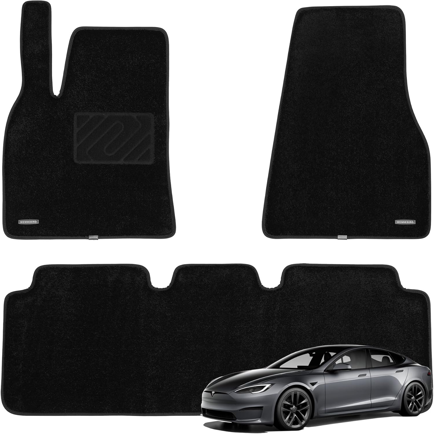 WENNEBIRD Superior Carpet Floor Mats for 2012-2020 Tesla Model S, 0.6-Inch Ultra-Thick, Noise-Reducing, All-Weather Waterproof Anti-Slip – 3-Pc Set