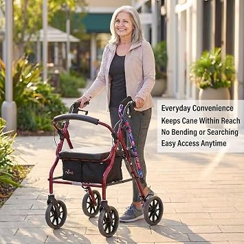 NOVA Snap-On Cane Holder for Walkers & Rollators No Tools Required, Side-Mount Cane Clip, Durable Plastic Fits 7/8 Cane & 1 Walker/Rollator Tubes