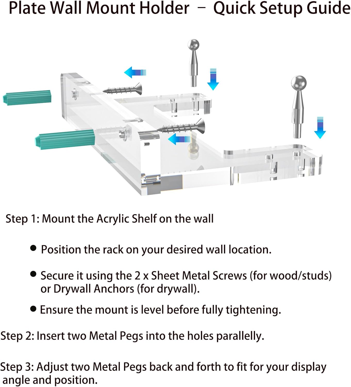 Wall-Mount Acrylic Display Shelf for Plates, Acrylic Plate Stand with Adjustable Display Angle, Ideal Hanger for 6-16 Inch Plates, Picture Frames, Bowl, Certificate, Artwork, Silver Pegs - 2 Pack