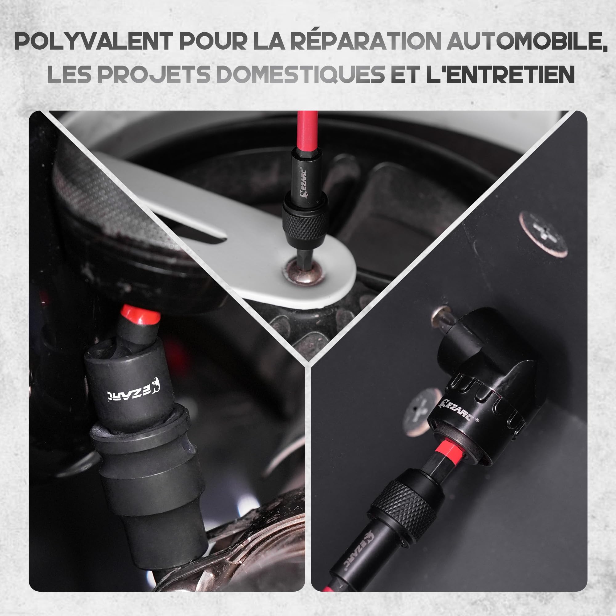 EZARC Ensemble de 14 pièces d'adaptateurs de douille, adaptateurs pour visseuse à choc 1/4", 3/8", 1/2", prolongation à déverrouillage rapide, support à aimant pour embouts et visseuse d'angle à 105°