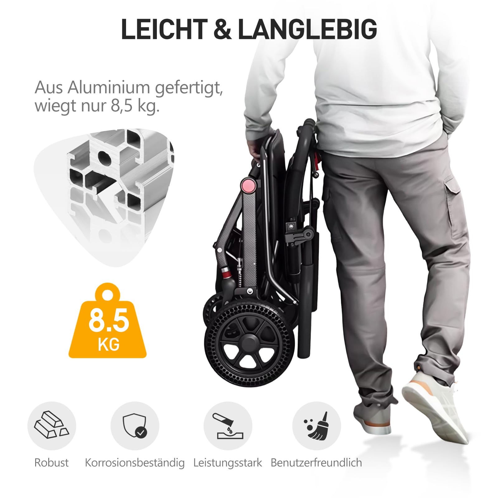 Care Parents Rollstuhl, faltbar, leicht, 8,5 kg,Sitzbreite:40cm,großem Einkaufskorb und unzerstörbaren Reifen, Transportrollstühle für Behinderte and ältere, bis100 kg(CP-J09B)